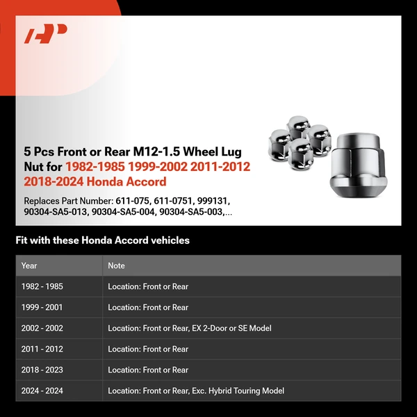 5 Pcs Front or Rear M12-1.5 Wheel Lug Nut for 1982-1985 1999-2002 2011-2012 2018-2024 Honda Accord