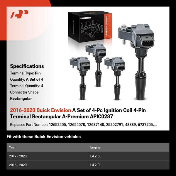 2016-2020 Buick Envision A Set of 4-Pc Ignition Coil 4-Pin Terminal Rectangular A-Premium APIC0287