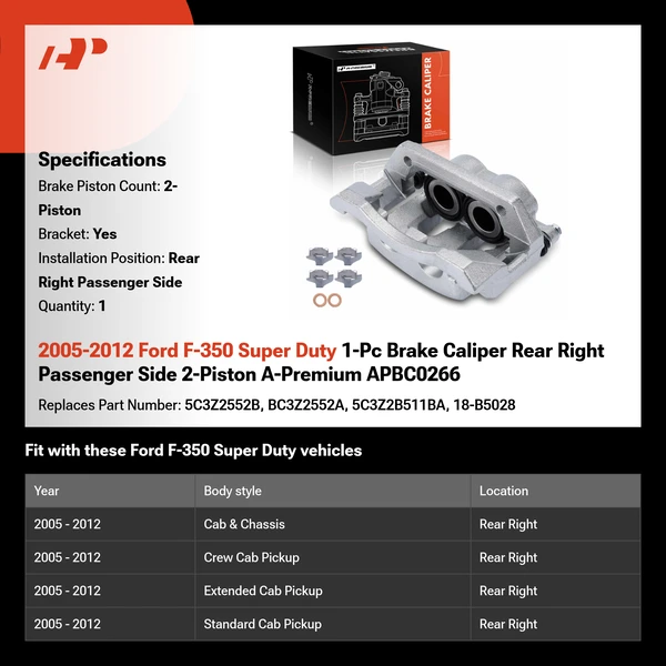 2005-2012 Ford F-350 Super Duty 1-Pc Brake Caliper Rear Right Passenger Side 2-Piston A-Premium APBC0266
