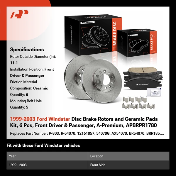 1999-2003 Ford Windstar Disc Brake Rotors and Ceramic Pads Kit, 6 Pcs, Front Driver & Passenger, A-Premium, APBRPR1780