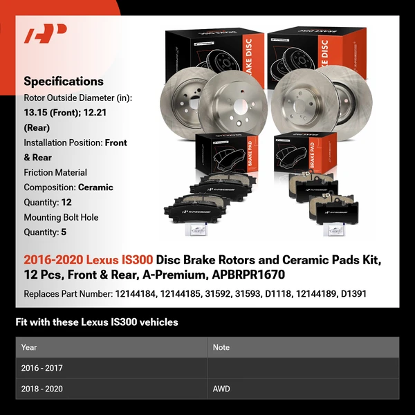 2016-2020 Lexus IS300 Disc Brake Rotors and Ceramic Pads Kit, 12 Pcs, Front & Rear, A-Premium, APBRPR1670