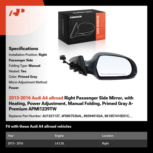 2013-2016 Audi A4 allroad Right Passenger Side Mirror, with Heating, Power Adjustment, Manual Folding, Primed Gray A-Premium APMI1239TW