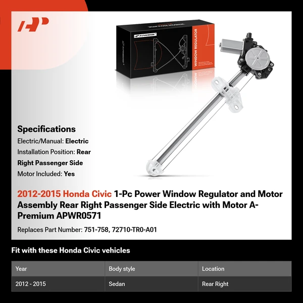 2012-2015 Honda Civic 1-Pc Power Window Regulator and Motor Assembly Rear Right Passenger Side Electric with Motor A-Premium APWR0571