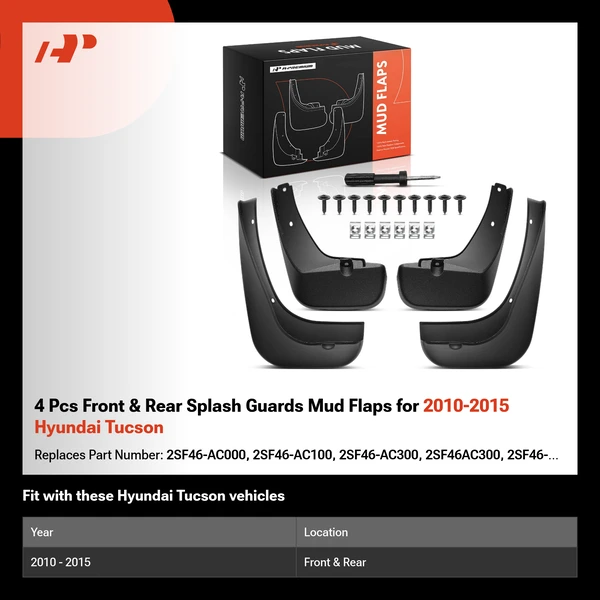 4 Pcs Front & Rear Splash Guards Mud Flaps for 2010-2015 Hyundai Tucson