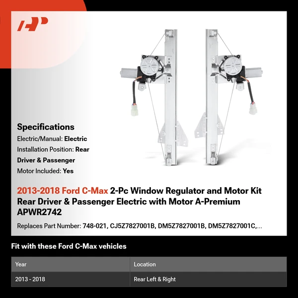 2013-2018 Ford C-Max 2-Pc Window Regulator and Motor Kit Rear Driver & Passenger Electric with Motor A-Premium APWR2742