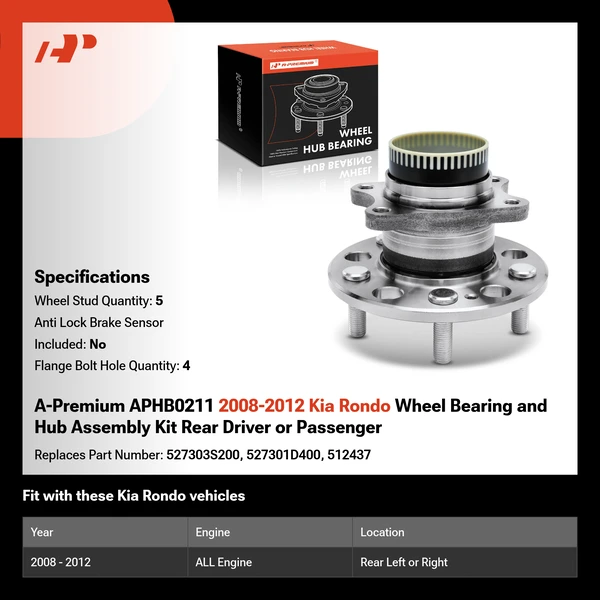 A-Premium APHB0211 2008-2012 Kia Rondo Wheel Bearing and Hub Assembly Kit Rear Driver or Passenger