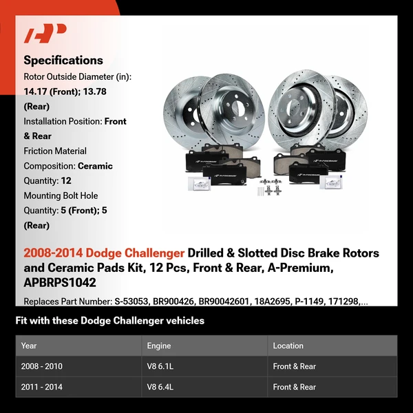 2008-2014 Dodge Challenger Drilled & Slotted Disc Brake Rotors and Ceramic Pads Kit, 12 Pcs, Front & Rear, A-Premium, APBRPS1042