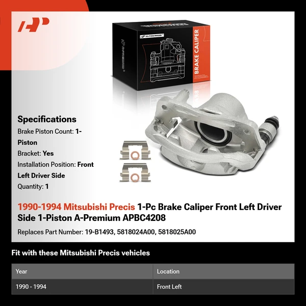 1990-1994 Mitsubishi Precis 1-Pc Brake Caliper Front Left Driver Side 1-Piston A-Premium APBC4208