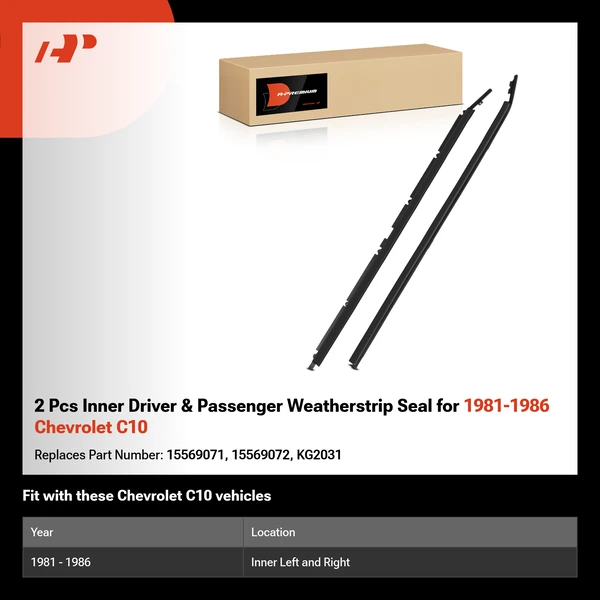 2 Pcs Inner Driver & Passenger Weatherstrip Seal for 1981-1986 Chevrolet C10