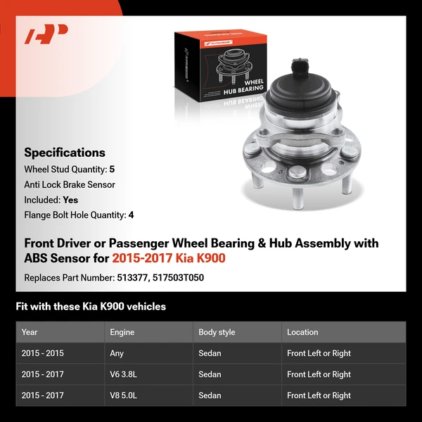 Front Driver or Passenger Wheel Bearing & Hub Assembly with ABS Sensor for 2015-2017 Kia K900