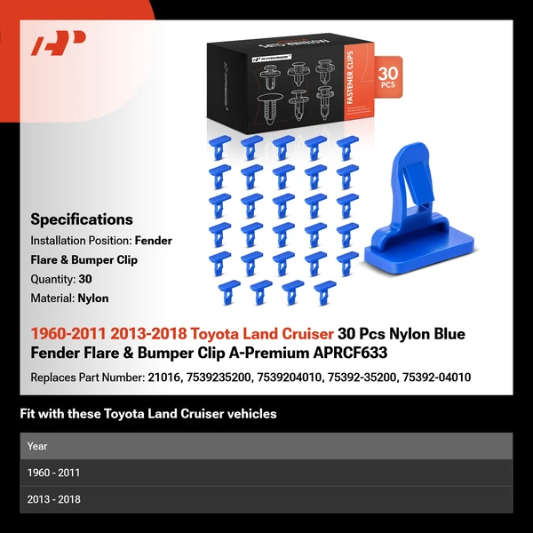 1960-2011 2013-2018 Toyota Land Cruiser 30 Pcs Nylon Blue Fender Flare & Bumper Clip A-Premium APRCF633