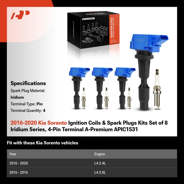 2016-2020 Kia Sorento Ignition Coils & Spark Plugs Kits Set of 8 Iridium Series, 4-Pin Terminal A-Premium APIC1531