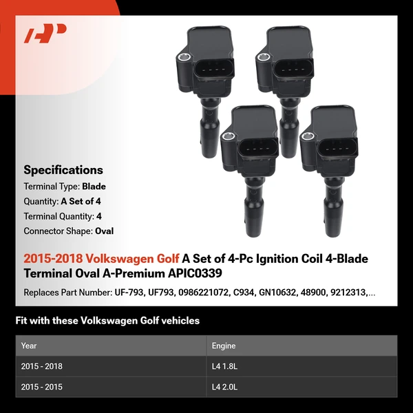 2015-2018 Volkswagen Golf A Set of 4-Pc Ignition Coil 4-Blade Terminal Oval A-Premium APIC0339