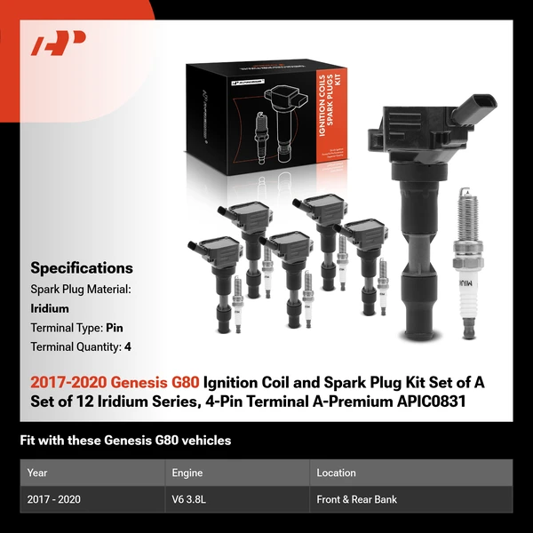 2017-2020 Genesis G80 Ignition Coil and Spark Plug Kit Set of A Set of 12 Iridium Series, 4-Pin Terminal A-Premium APIC0831