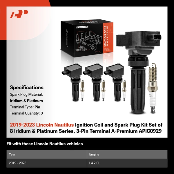 2019-2023 Lincoln Nautilus Ignition Coil and Spark Plug Kit Set of 8 Iridium & Platinum Series, 3-Pin Terminal A-Premium APIC0929