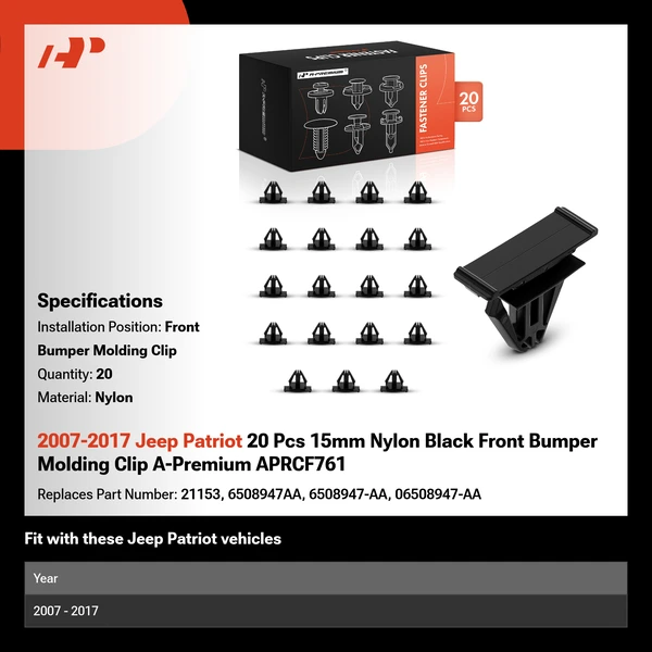 2007-2017 Jeep Patriot 20 Pcs 15mm Nylon Black Front Bumper Molding Clip A-Premium APRCF761