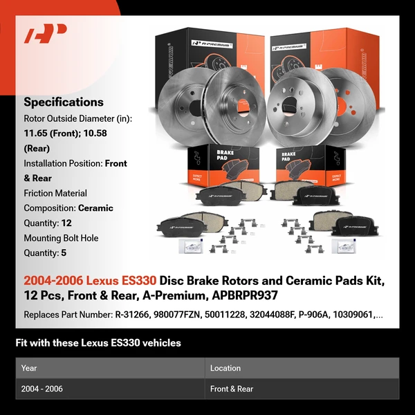 2004-2006 Lexus ES330 Disc Brake Rotors and Ceramic Pads Kit, 12 Pcs, Front & Rear, A-Premium, APBRPR937