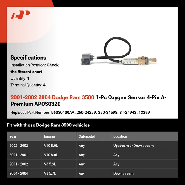 2001-2002 2004 Dodge Ram 3500 1-Pc Oxygen Sensor 4-Pin A-Premium APOS0320