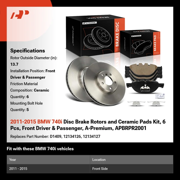 2011-2015 BMW 740i Disc Brake Rotors and Ceramic Pads Kit, 6 Pcs, Front Driver & Passenger, A-Premium, APBRPR2001