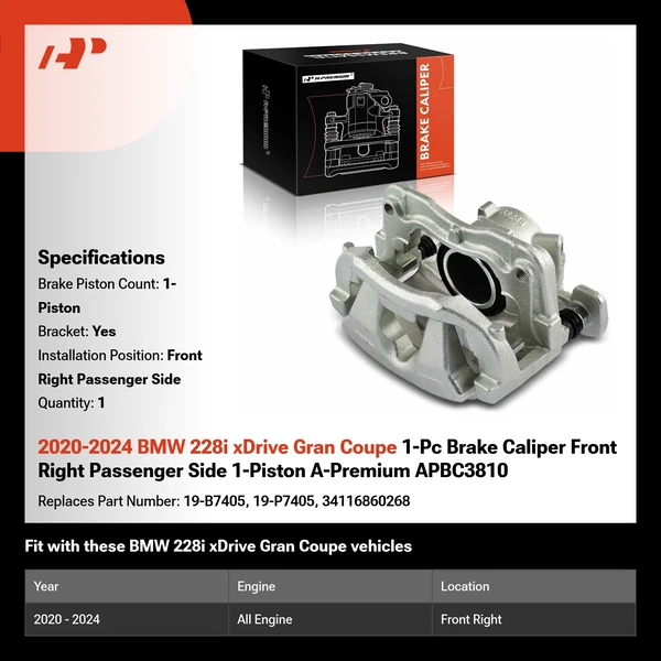 2020-2024 BMW 228i xDrive Gran Coupe 1-Pc Brake Caliper Front Right Passenger Side 1-Piston A-Premium APBC3810
