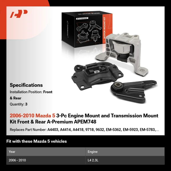 2006-2010 Mazda 5 3-Pc Engine Mount and Transmission Mount Kit Front & Rear A-Premium APEM748