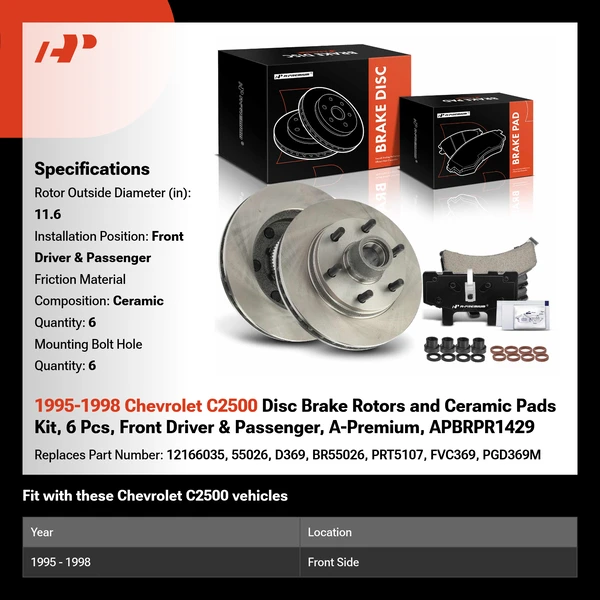 1995-1998 Chevrolet C2500 Disc Brake Rotors and Ceramic Pads Kit, 6 Pcs, Front Driver & Passenger, A-Premium, APBRPR1429