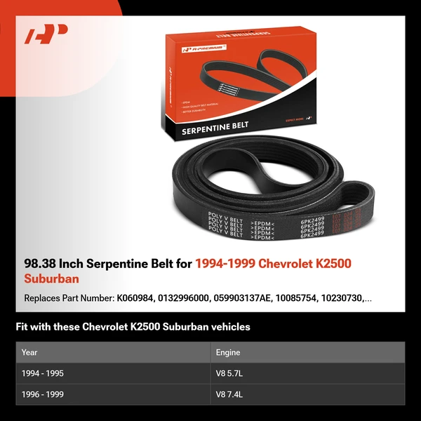 98.38 Inch Serpentine Belt for 1994-1999 Chevrolet K2500 Suburban