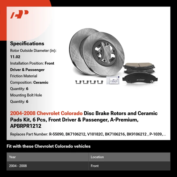 2004-2008 Chevrolet Colorado Disc Brake Rotors and Ceramic Pads Kit, 6 Pcs, Front Driver & Passenger, A-Premium, APBRPR1212
