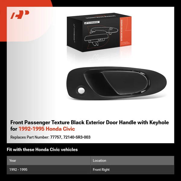 Front Passenger Texture Black Exterior Door Handle with Keyhole for 1992-1995 Honda Civic