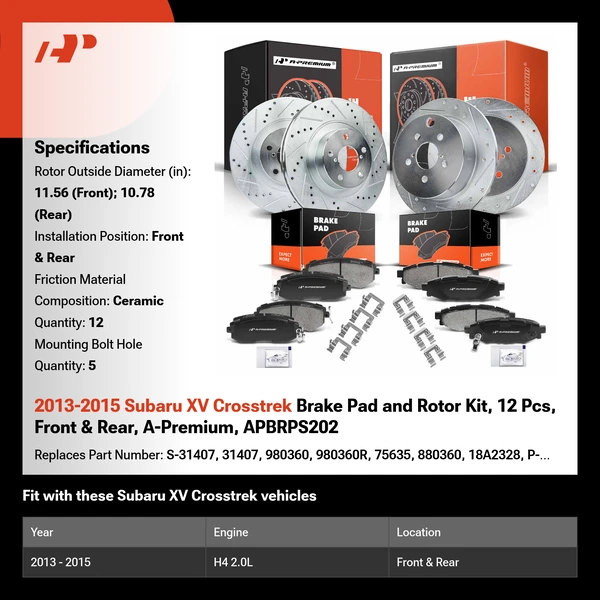 2013-2015 Subaru XV Crosstrek Brake Pad and Rotor Kit, 12 Pcs, Front & Rear, A-Premium, APBRPS202