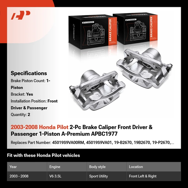 2003-2008 Honda Pilot 2-Pc Brake Caliper Front Driver & Passenger 1-Piston A-Premium APBC1977