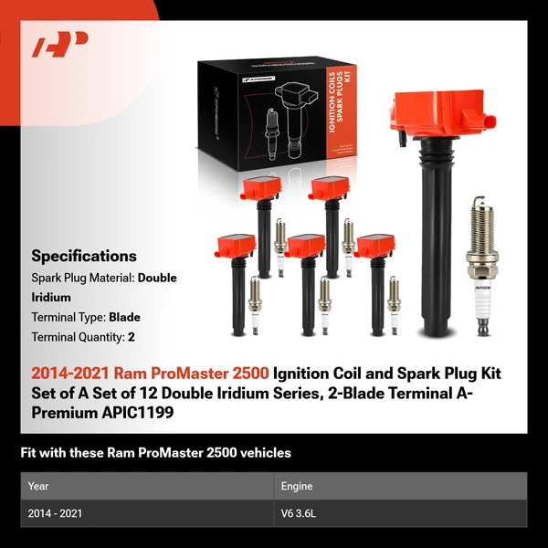 2014-2021 Ram ProMaster 2500 Ignition Coil and Spark Plug Kit Set of A Set of 12 Double Iridium Series, 2-Blade Terminal A-Premium APIC1199