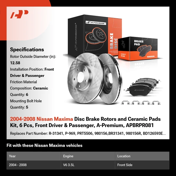 2004-2008 Nissan Maxima Disc Brake Rotors and Ceramic Pads Kit, 6 Pcs, Front Driver & Passenger, A-Premium, APBRPR081