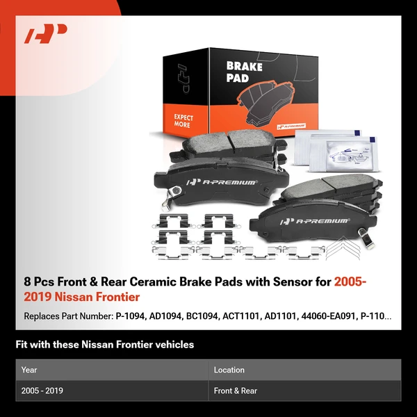 8 Pcs Front & Rear Ceramic Brake Pads with Sensor for 2005-2019 Nissan Frontier