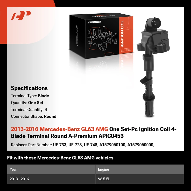 2013-2016 Mercedes-Benz GL63 AMG One Set-Pc Ignition Coil 4-Blade Terminal Round A-Premium APIC0453