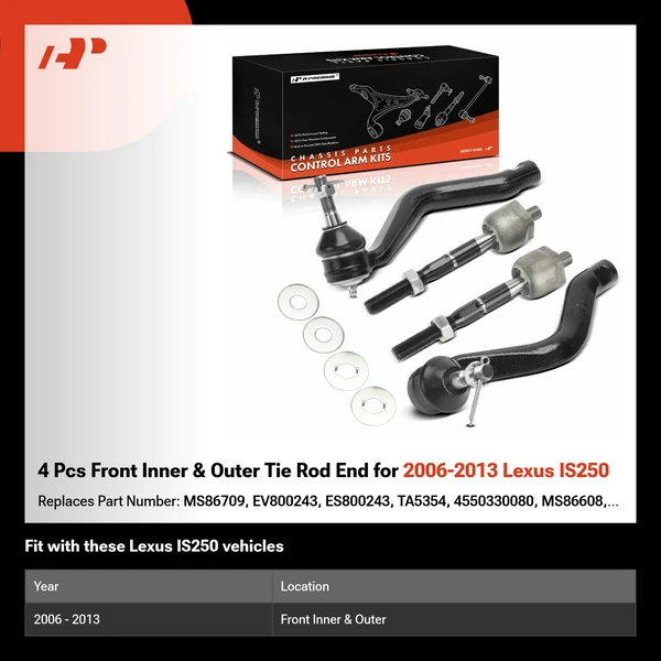 4 Pcs Front Inner & Outer Tie Rod End for 2006-2013 Lexus IS250