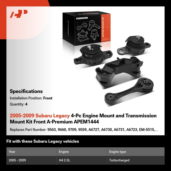 2005-2009 Subaru Legacy 4-Pc Engine Mount and Transmission Mount Kit Front A-Premium APEM1444