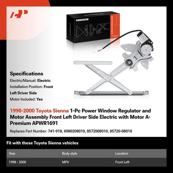 1998-2000 Toyota Sienna 1-Pc Power Window Regulator and Motor Assembly Front Left Driver Side Electric with Motor A-Premium APWR1691