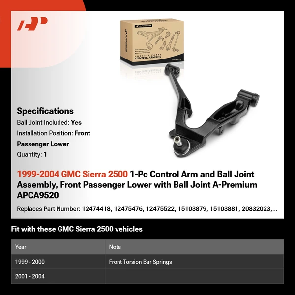 1999-2004 GMC Sierra 2500 1-Pc Control Arm and Ball Joint Assembly, Front Passenger Lower with Ball Joint A-Premium APCA9520