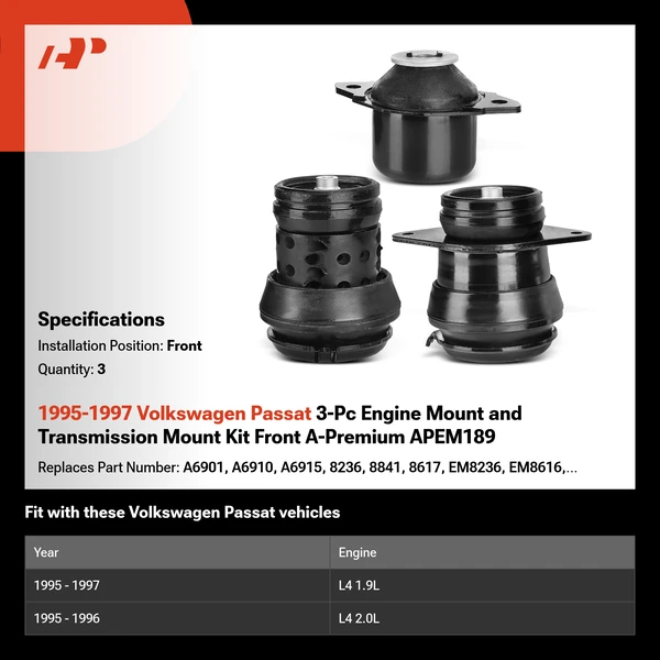 1995-1997 Volkswagen Passat 3-Pc Engine Mount and Transmission Mount Kit Front A-Premium APEM189