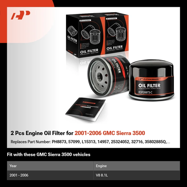 2 Pcs Engine Oil Filter for 2001-2006 GMC Sierra 3500