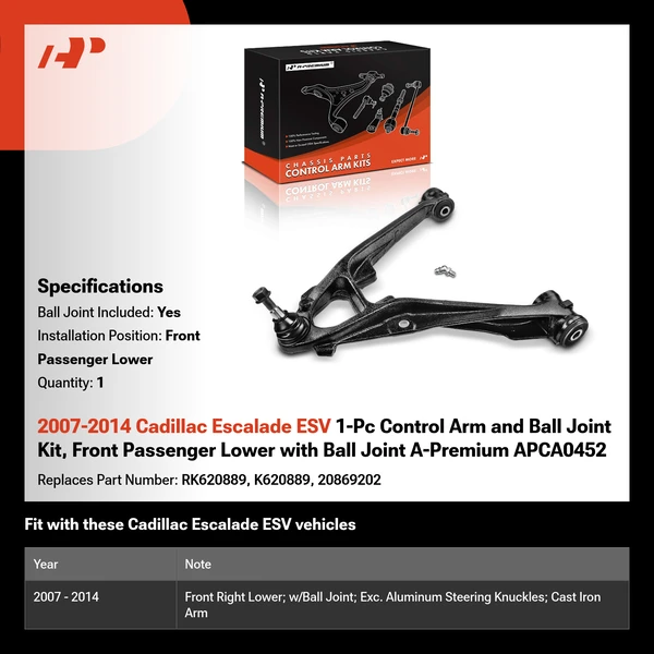 2007-2014 Cadillac Escalade ESV 1-Pc Control Arm and Ball Joint Kit, Front Passenger Lower with Ball Joint A-Premium APCA0452