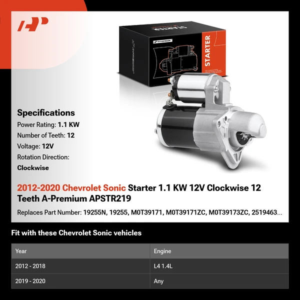 2012-2020 Chevrolet Sonic Starter 1.1 KW 12V Clockwise 12 Teeth A-Premium APSTR219