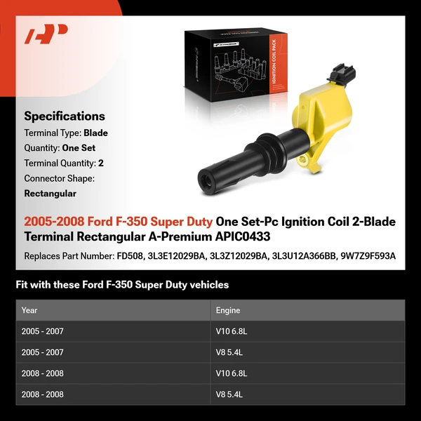 2005-2008 Ford F-350 Super Duty One Set-Pc Ignition Coil 2-Blade Terminal Rectangular A-Premium APIC0433
