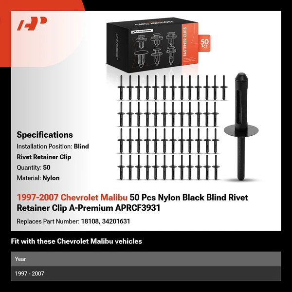1997-2007 Chevrolet Malibu 50 Pcs Nylon Black Blind Rivet Retainer Clip A-Premium APRCF3931