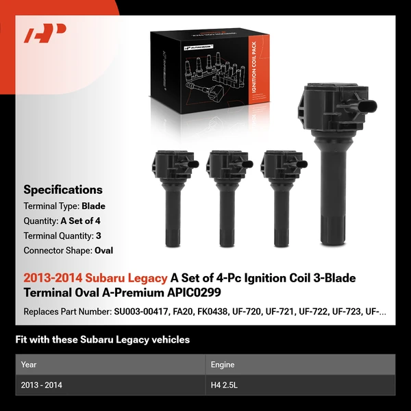 2013-2014 Subaru Legacy A Set of 4-Pc Ignition Coil 3-Blade Terminal Oval A-Premium APIC0299