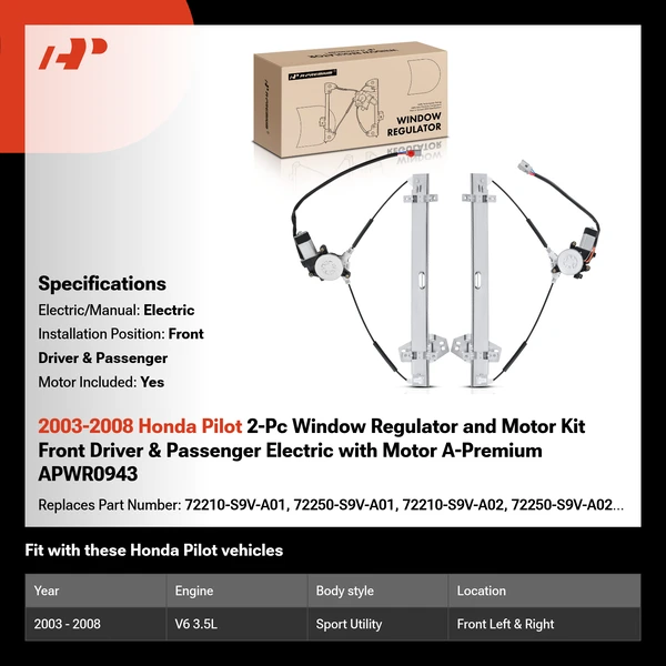2003-2008 Honda Pilot 2-Pc Window Regulator and Motor Kit Front Driver & Passenger Electric with Motor A-Premium APWR0943