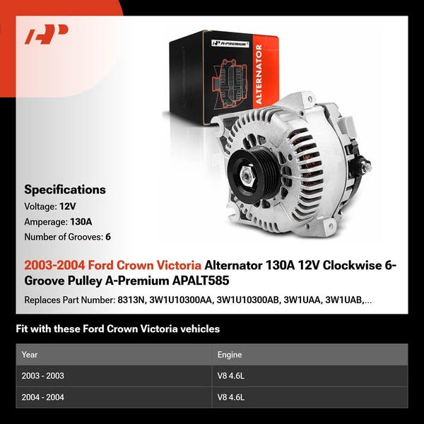 2003-2004 Ford Crown Victoria Alternator 130A 12V Clockwise 6-Groove Pulley A-Premium APALT585