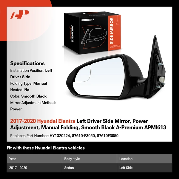 2017-2020 Hyundai Elantra Left Driver Side Mirror, Power Adjustment, Manual Folding, Smooth Black A-Premium APMI613