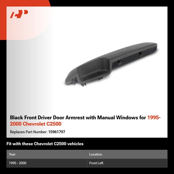 Black Front Driver Door Armrest with Manual Windows for 1995-2000 Chevrolet C2500